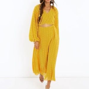 ASOS Design Tie wrap around pleated midi dress in “dobby in mustard” w/ cut out
